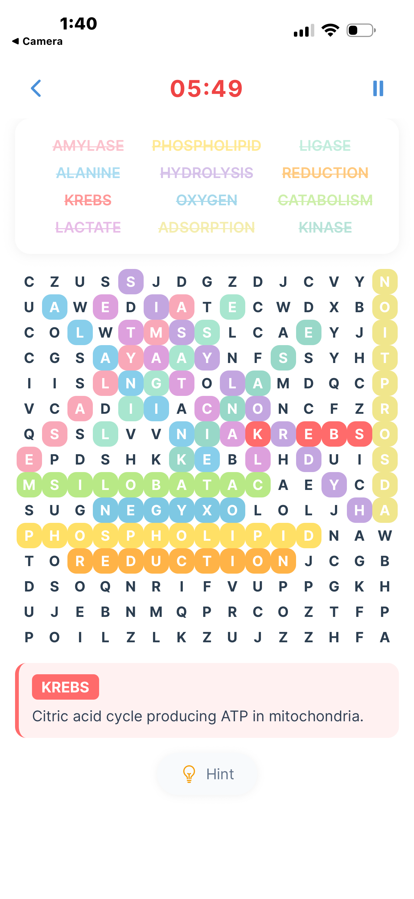 Nurse Word Search gameplay showing a colorful word search puzzle with medical terms like KREBS, PHOSPHOLIPID, and REDUCTION highlighted in multiple colors